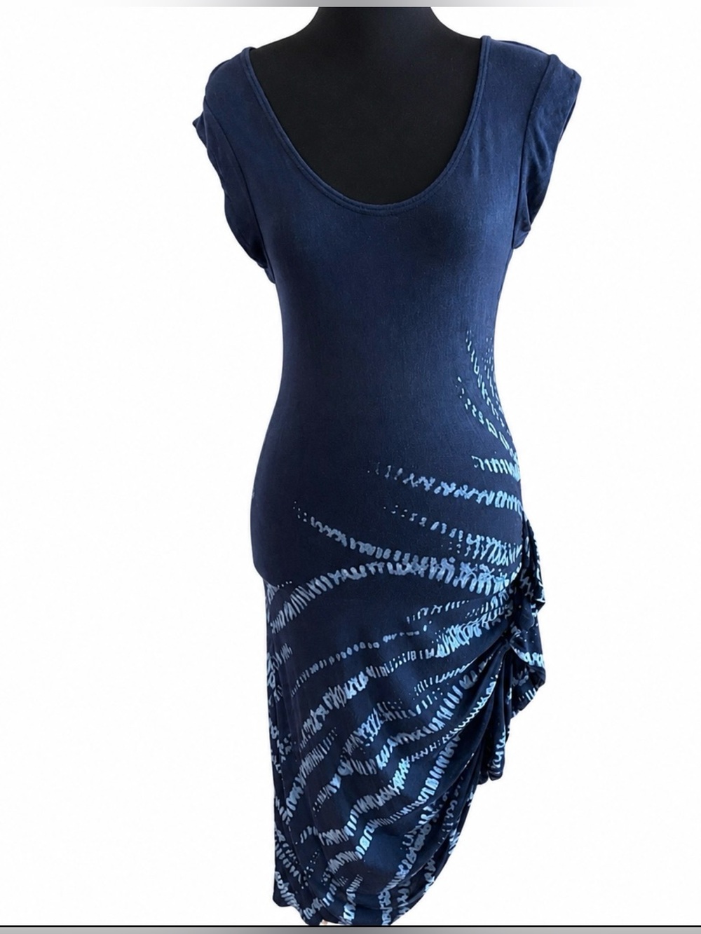 Navy Blue Tie-Dye Ruched Asymmetrical Midi Dress
